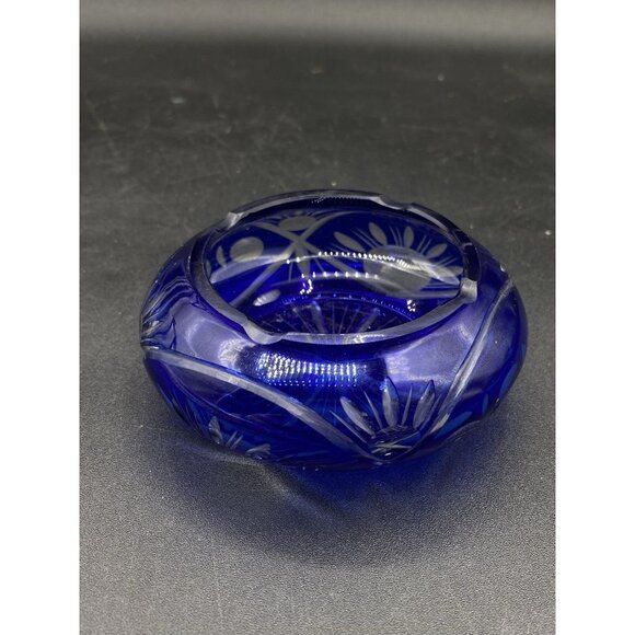 Cut to Clear Cobalt Blue Glass Ashtray Round Bohemian Czech READ - Picture 1 of 9